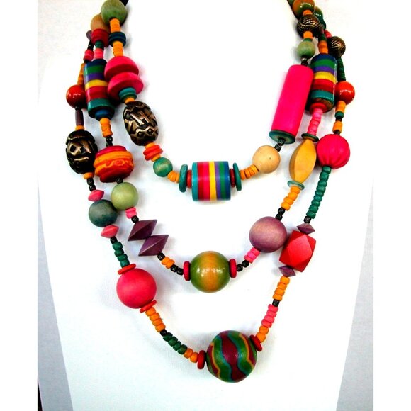 Multicolor Bohemian Style Wooden Beaded Necklace With Metal Accents - Picture 1 of 5